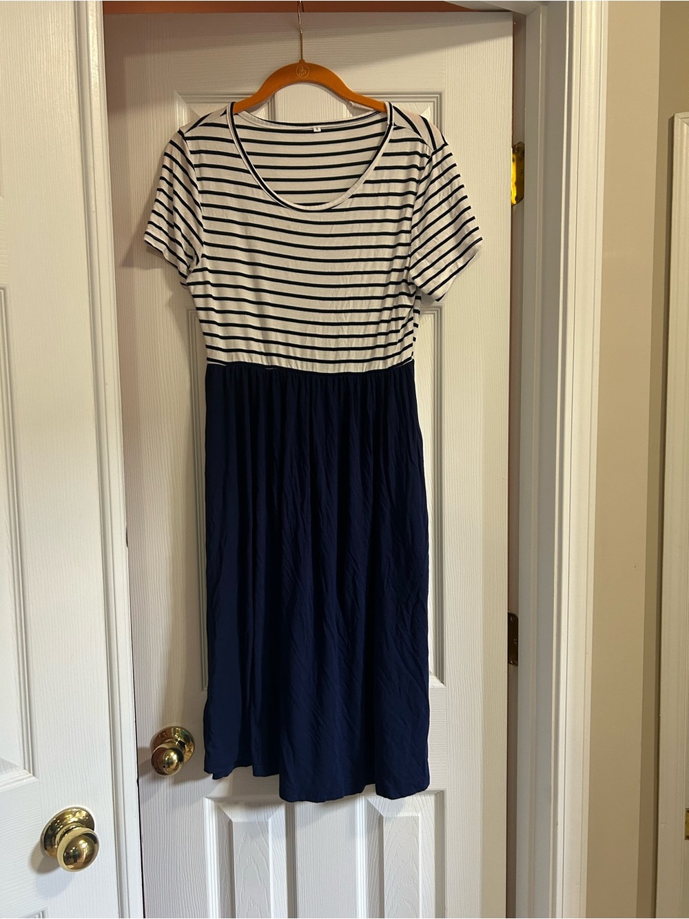Women's Small Maternity Striped Midi Dress Navy Blue and White